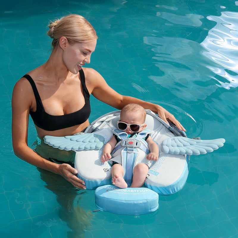 AnjeeIOT Mambobaby Float with Canopy Baby Float Non-Inflatable Baby Pool Float Solid Swimming Float Upgraded Add Tail Never Flip Over for Infant 3-24 Months, Angel Blue - Image 2